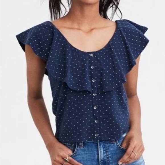 AEO Terracotta Copper Rust Embroidered Eyelet Lace Ruffle Crop Blouse Tank Top - Picture 8 of 10